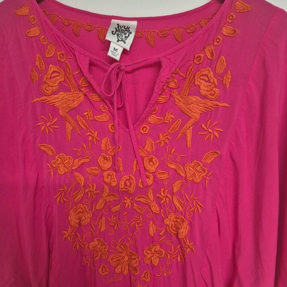 Ivu Jane Pink Boho Embroidered Tunic Top M With Floral & Bird Design - Picture 2 of 9